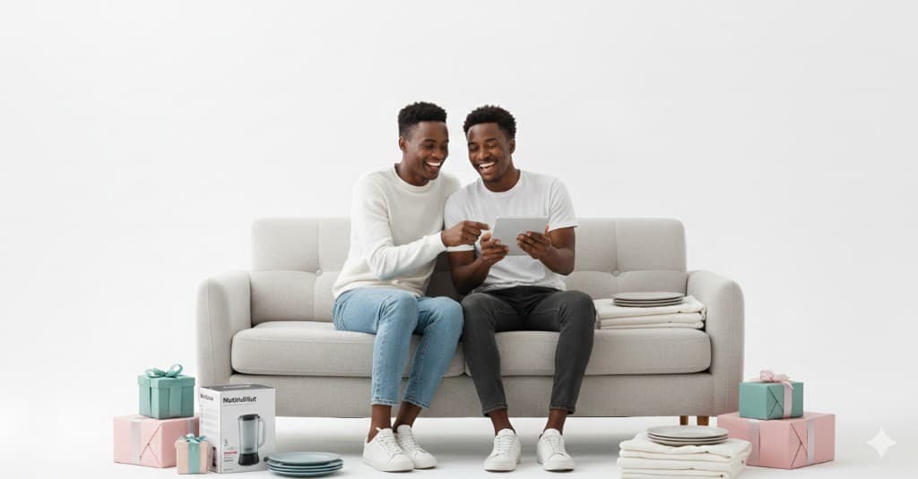 Couple browsing gift registry on tablet surrounded by gifts